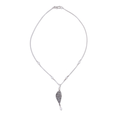 Cultured pearl pendant necklace, 'Unfurled' - Cultured Pearl and Sterling Silver Leaf Pendant Necklace