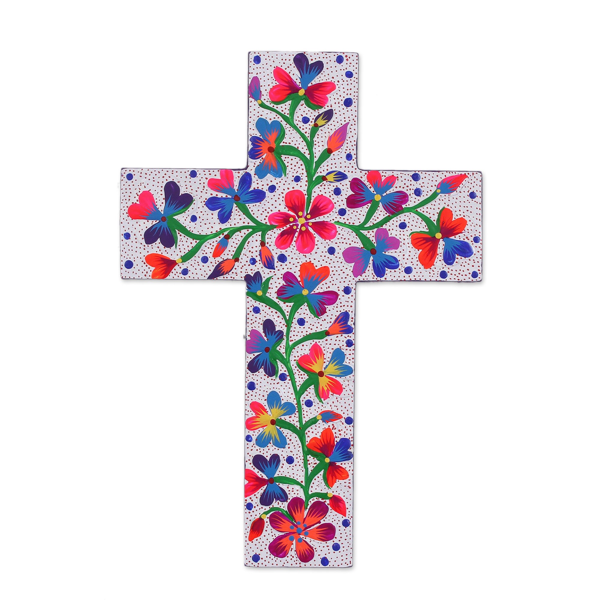 HandPainted Floral White Pinewood Wall Cross from Mexico Peace and