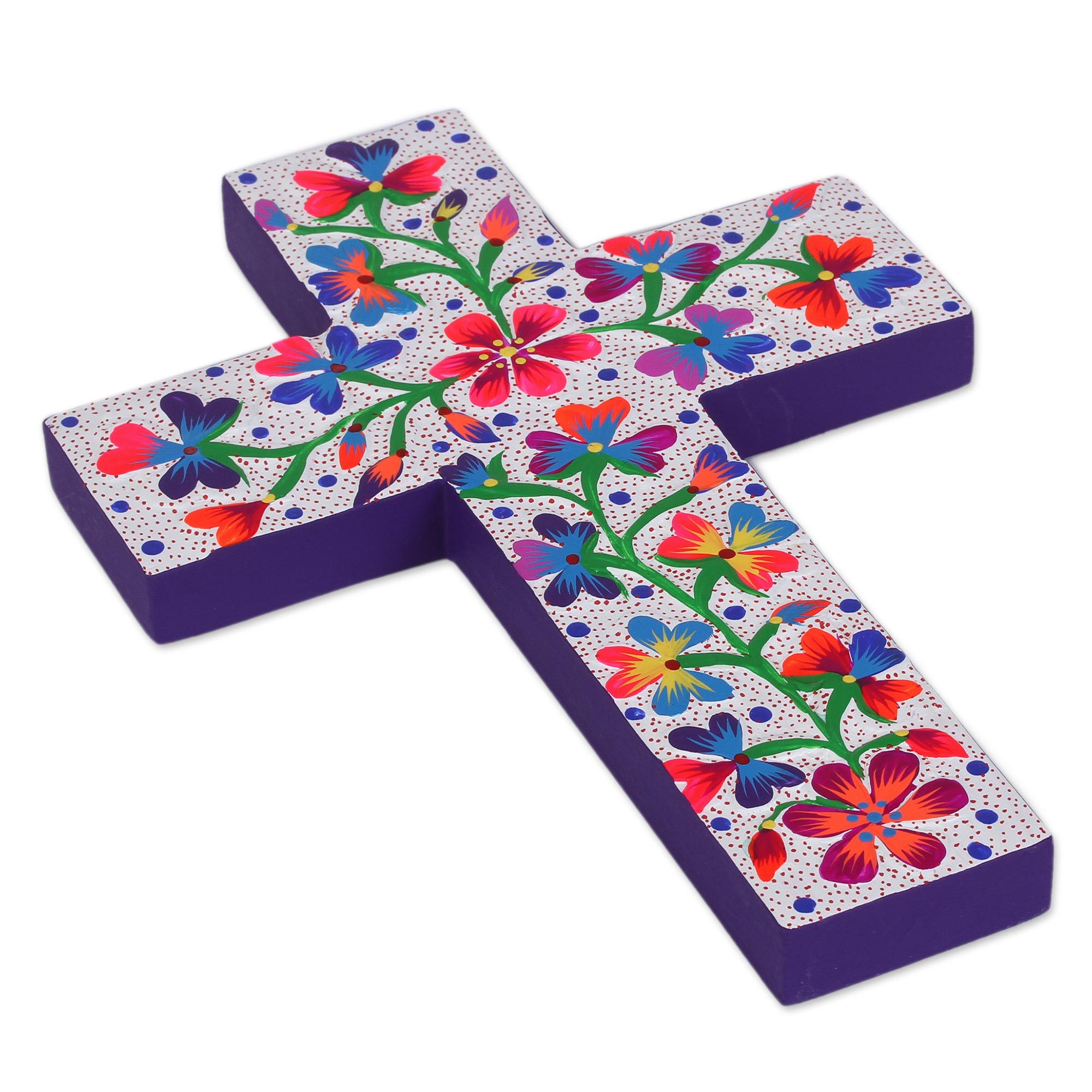 HandPainted Floral White Pinewood Wall Cross from Mexico Peace and
