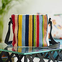 Leather accent wool sling, 'Blend of Stripes' - Multicolored Striped Wool Sling Handbag from Mexico