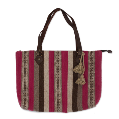 Leather accent wool shoulder bag, 'Sweet and Caring' - Handwoven Striped Wool Shoulder Bag from Mexico