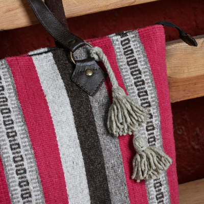 Leather accent wool shoulder bag, 'Sweet and Caring' - Handwoven Striped Wool Shoulder Bag from Mexico