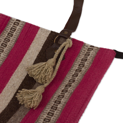 Bolso de hombro de lana con detalles de cuero - Bolso bandolera de lana a rayas tejido a mano de México