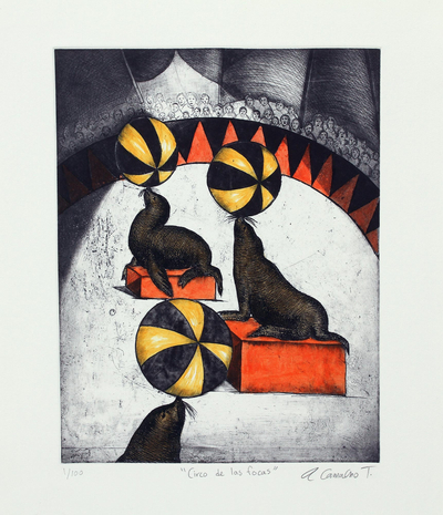 Signed Surrealist Print of a Seal Circus from Mexico