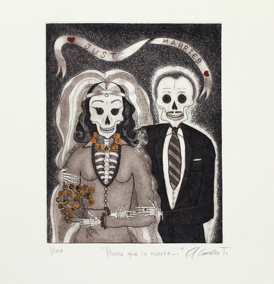 Signed Surrealist Print of a Skeleton Couple from Mexico