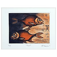 'Pisces' - Signed Pisces-Themed Surrealist Print from Mexico