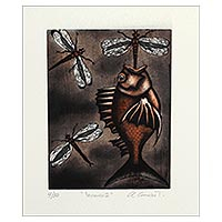 'Fishing II' - Surrealist Print of a Fish and Dragonflies from Mexico