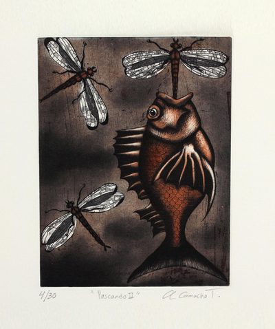 Surrealist Print of a Fish and Dragonflies from Mexico