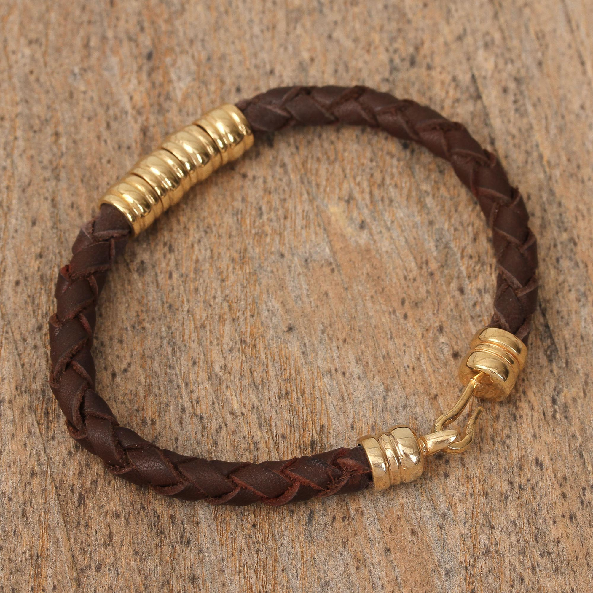 Mexican Hand Braided Gold Plated Brown Leather Bracelet - Rich ...