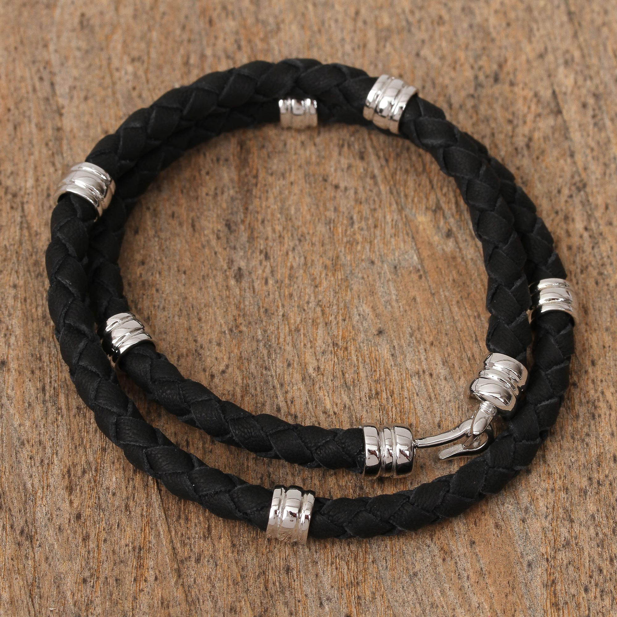 Mexican Hand Braided Leather Wrap Bracelet in Black - Gleaming Embrace ...