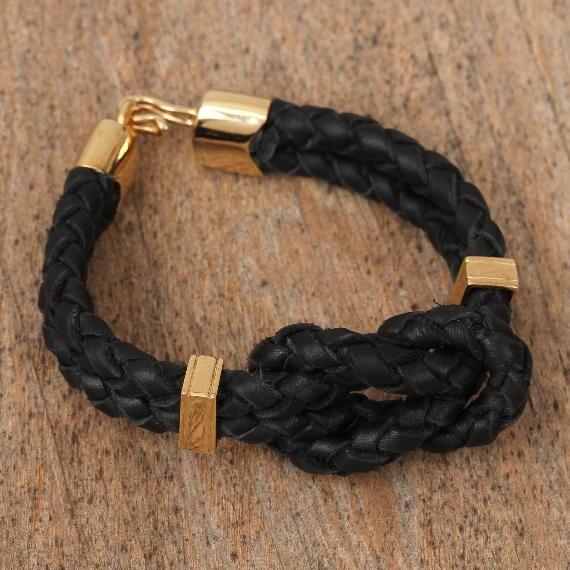 Braided Leather and Gold-Plated Bracelet