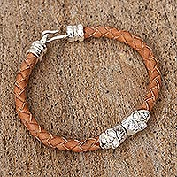 Braided leather pendant bracelet, 'Stylish Death' - Mexican Sterling Silver Skull Hand Braided Leather Bracelet