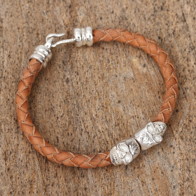 Mexican Sterling Silver Skull Hand Braided Leather Bracelet - Stylish Death