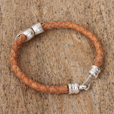 Braided leather pendant bracelet, 'Stylish Death' - Mexican Sterling Silver Skull Hand Braided Leather Bracelet