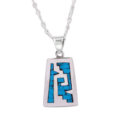 Sterling silver pendant necklace, 'Sky Blue Pyramid' - Pre-Hispanic Sterling Silver Pendant Necklace from Mexico