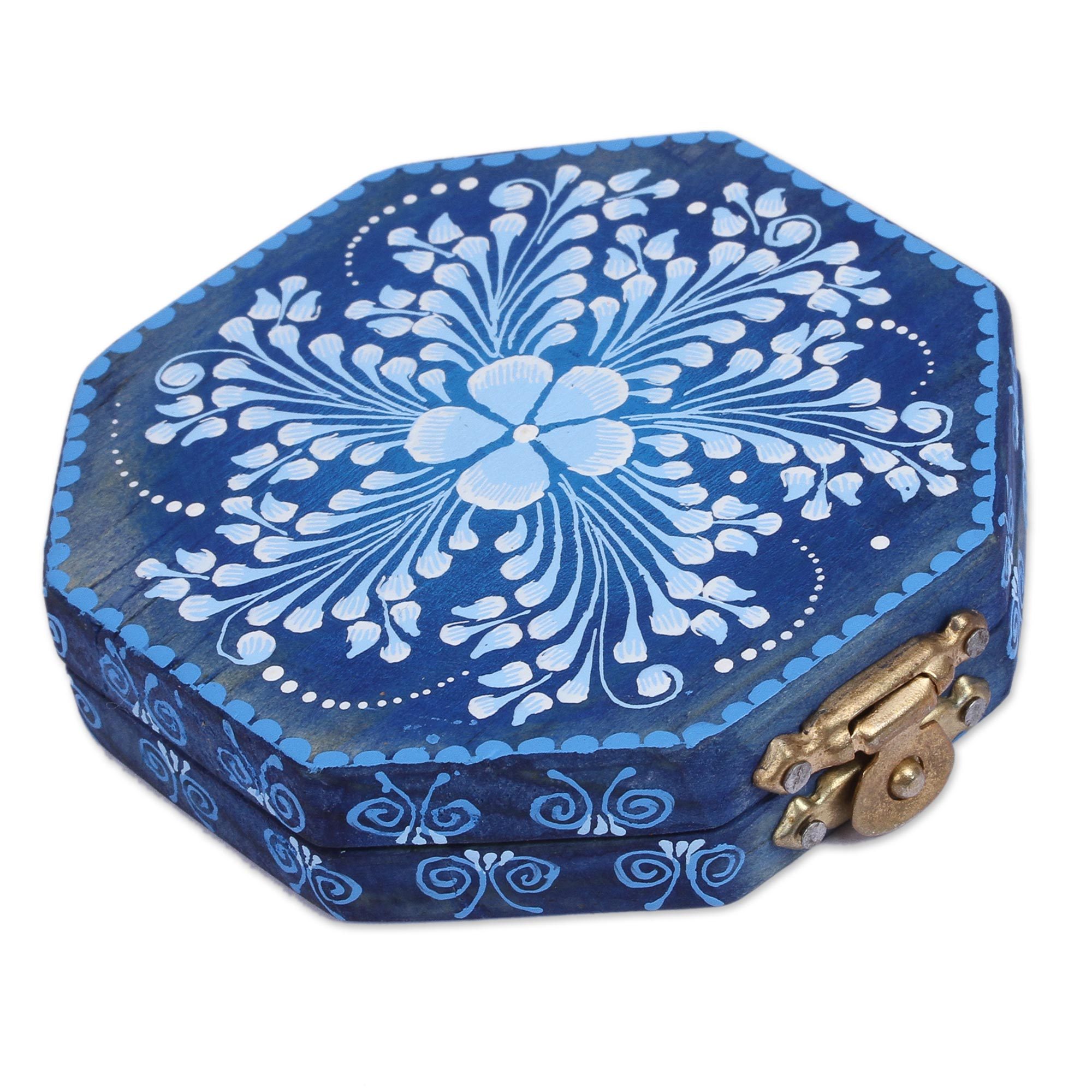 Floral Wood Mirror Compact in Blue from Mexico Sky Blue Flowers NOVICA
