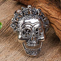 Sterling silver cocktail ring, 'Catrina Crown' - Catrina Skull Sterling Silver Cocktail Ring from Mexico
