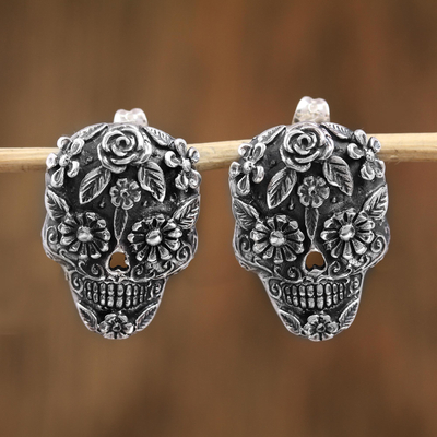 Sterling silver drop earrings, 'Catrina Flowers' - Catrina Skull Sterling Silver Drop Earrings from Mexico