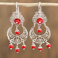 Glass beaded filigree chandelier earrings, 'Basket Swirls' - Red Glass Beaded Filigree Chandelier Earrings from Mexico