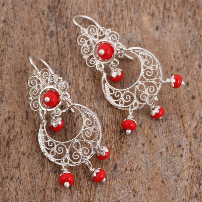 Glass beaded filigree chandelier earrings, 'Basket Swirls' - Red Glass Beaded Filigree Chandelier Earrings from Mexico