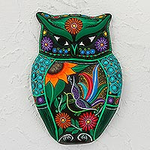 Handbemalte florale Keramik-Eulen-Wandskulptur aus Mexiko, „Blumeneule“