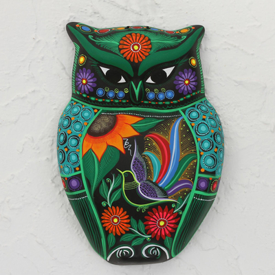 Wandskulptur aus Keramik - Handbemalte florale Eulen-Wandskulptur aus Keramik aus Mexiko