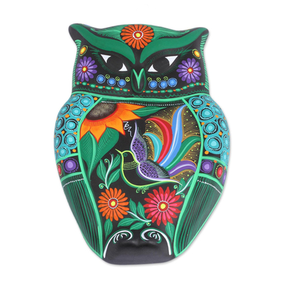 Ceramic wall sculpture, 'Owl of Flowers' - Hand-Painted Floral Ceramic Owl Wall Sculpture from Mexico