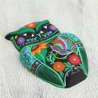 Wandskulptur aus Keramik - Handbemalte florale Eulen-Wandskulptur aus Keramik aus Mexiko