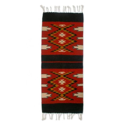 Zapotec wool table runner, 'Teotitlan Tradition' - Mexican Loom Woven Diamond Motif Table Runner