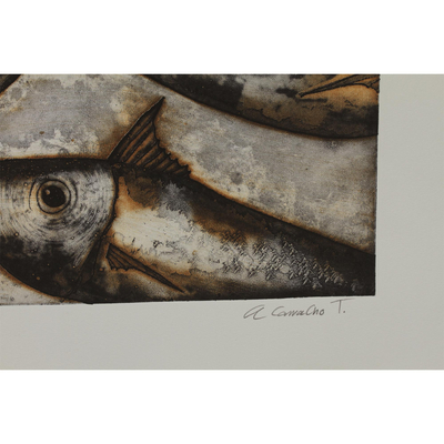 'Shoal' - Signed Fish-Themed Modern Ink Print from Mexico