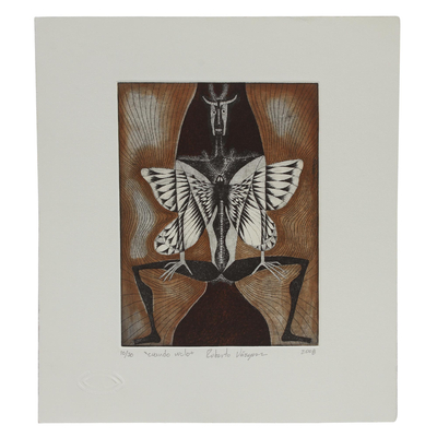 Butterfly-Themed Surrealist Ink Print from Mexico