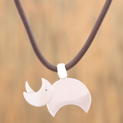Silver pendant necklace, 'Rhino is More than a Horn' - Adjustable Silver Rhinoceros Pendant Necklace from Mexico