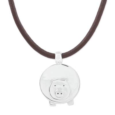 Collar colgante de plata - Collar ajustable con colgante de cerdo de plata de México.