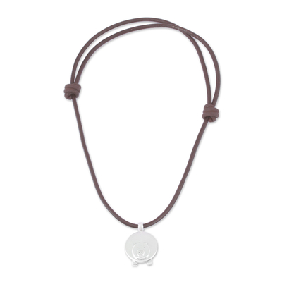 Silver pendant necklace, 'Manuel, A Chilean Pig' - Adjustable Silver Pig Pendant Necklace from Mexico