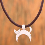 Silver pendant necklace, 'Felix the Cat' - Adjustable Silver Cat Pendant Necklace from Mexico