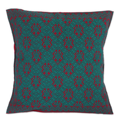 Funda de cojín de algodón, 'Geckos' - Funda de cojín de algodón con motivos geométricos, verde azulado y rojo