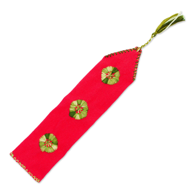 Cotton bookmark, 'Storyteller' - Red Hand Woven Cotton Bookmark with Embroidery