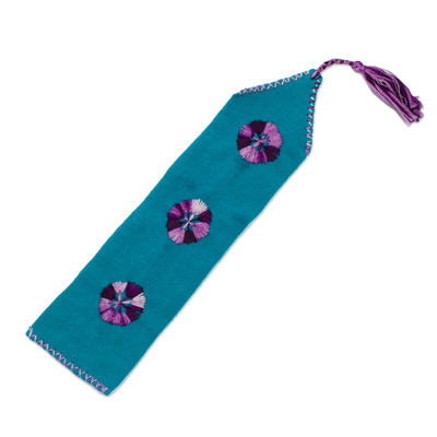 Cotton bookmark, 'Storyline' - Green Hand Woven Cotton Bookmark with Embroidery