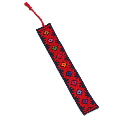 Cotton bookmark, 'Dynamic Diamonds' - Hand Crafted Multi-Color Embroidered Cotton Bookmark