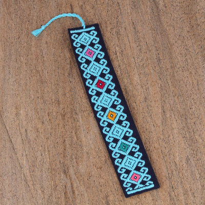 Cotton bookmark, 'Scrolling Diamonds in Blue' - Hand Crafted Sky Blue on Navy Embroidered Cotton Bookmark