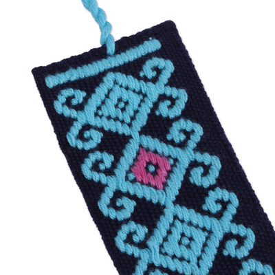 Cotton bookmark, 'Scrolling Diamonds in Blue' - Hand Crafted Sky Blue on Navy Embroidered Cotton Bookmark