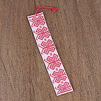 Cotton bookmark, 'Butterfly Flock' - Embroidered Red Butterflies on White Cotton Bookmark