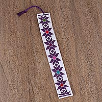 Cotton bookmark, 'Purple Star Flower in White' - Hand Crafted Multi-Color Embroidered Cotton Bookmark