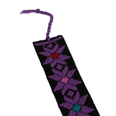 Cotton bookmark, 'Purple Star Flower in Black' - Hand Crafted Multi-Color Embroidered Cotton Bookmark