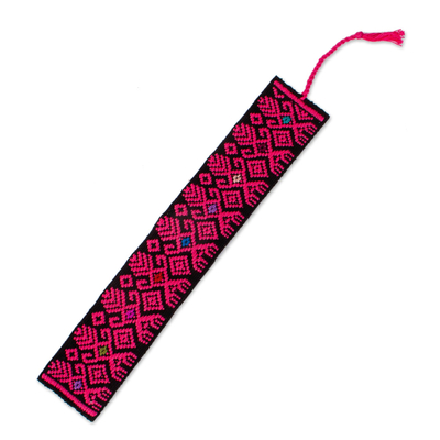 Cotton bookmark, 'Pink Dancers' - Hand Crafted Pink on Black Embroidered Cotton Bookmark