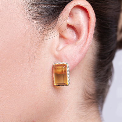 Amber drop earrings, 'Misty View' - Rectangular Amber Framed in Sterling Silver Drop Earrings