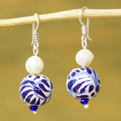 Cultured pearl and ceramic bead dangle earrings, Indigo Bloom
