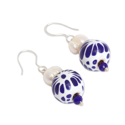 Cultured pearl and ceramic bead dangle earrings, 'Indigo Bloom' - Cultured Pearl and Ceramic Puebla-Style Bead Dangle Earrings