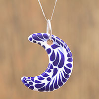 Ceramic pendant necklace, 'Crescent Garden' - Ceramic Puebla-Style Blue Crescent Pendant Necklace