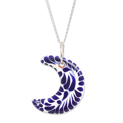 Ceramic pendant necklace, 'Crescent Garden' - Ceramic Puebla-Style Blue Crescent Pendant Necklace